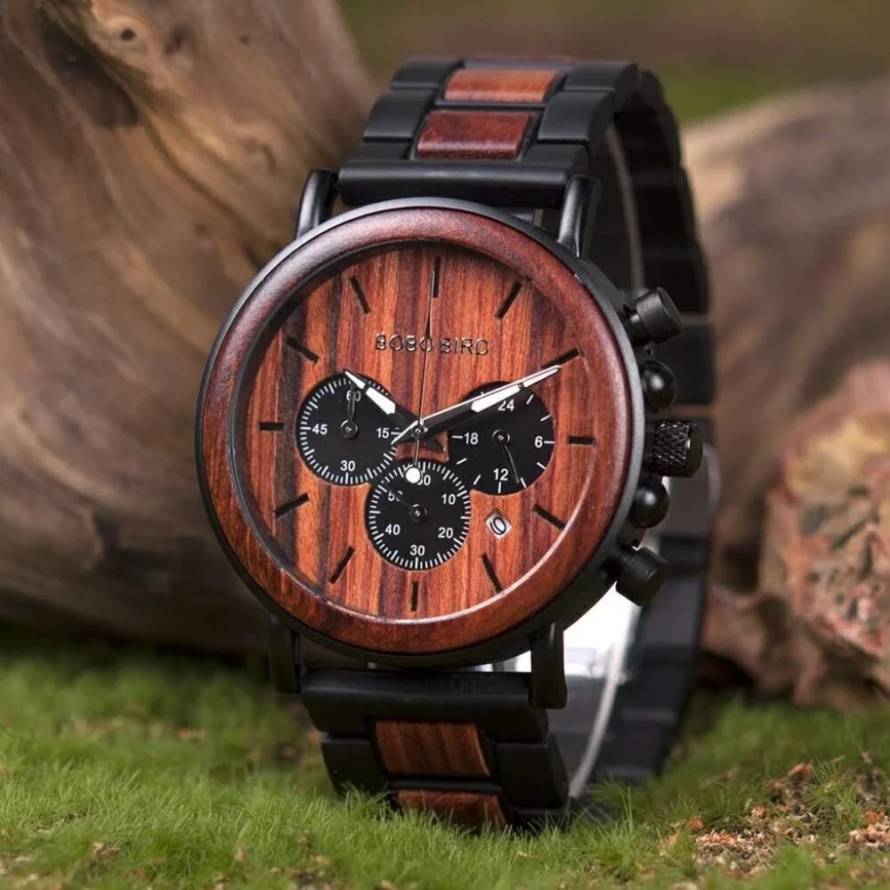 🆕Bobo Bird Quartz Men Red Wood & Stainless Steel Combined Chronograph Watches